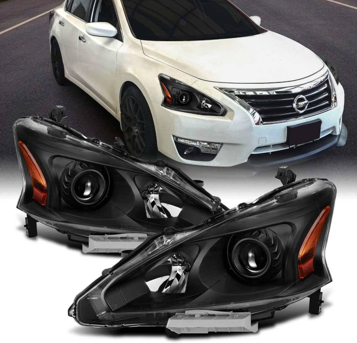 2013-2015 Nissan Altima 4Dr Sedan AmeriLite Projector Halogen Headlights – Pair, Chrome or Black Housing