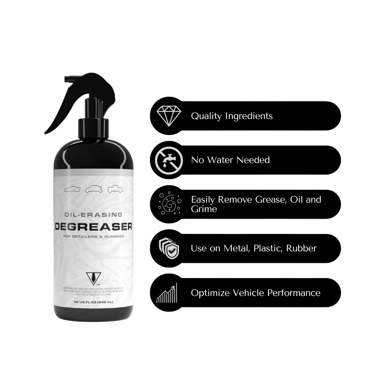 BLK TIE Oil-Erasing engine and surface degreaser spray bottle infographic