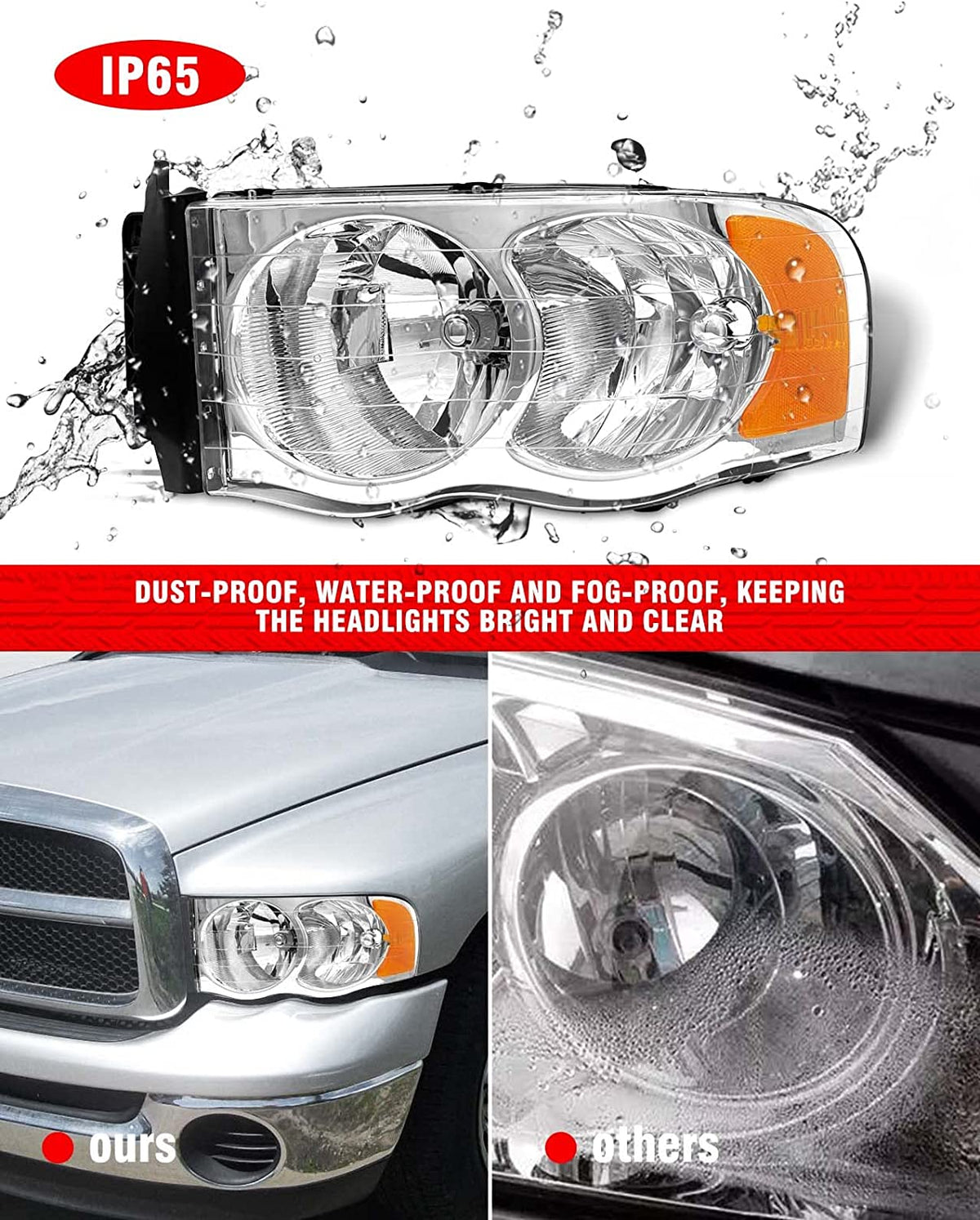 2002-2005 Dodge Ram Headlight Assembly For 1500 2500 3500 2003-2005 Clear Chrome Lens With Amber Reflector Replacement Left Right