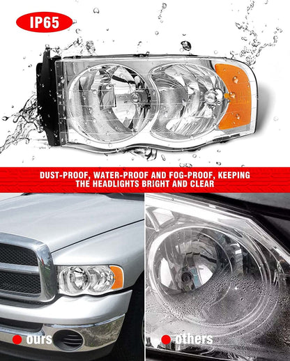 2002-2005 Dodge Ram Headlight Assembly For 1500 2500 3500 2003-2005 Clear Chrome Lens With Amber Reflector Replacement Left Right