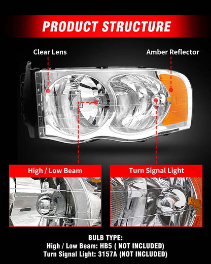 2002-2005 Dodge Ram Headlight Assembly For 1500 2500 3500 2003-2005 Clear Chrome Lens With Amber Reflector Replacement Left Right