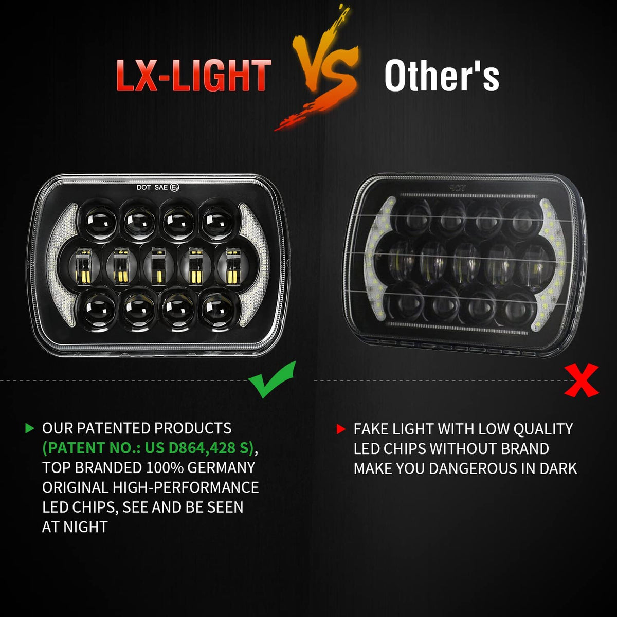 5x7 / 7x6 LED Headlights with Halo DRL – Jeep Wrangler YJ, Cherokee XJ & More, Pair
