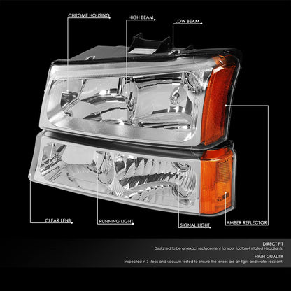Dna Motoring Hlohcs034pcham Chrome Amber Headlights Compatible With 2003-2006 Chevy Silveradoavalanche