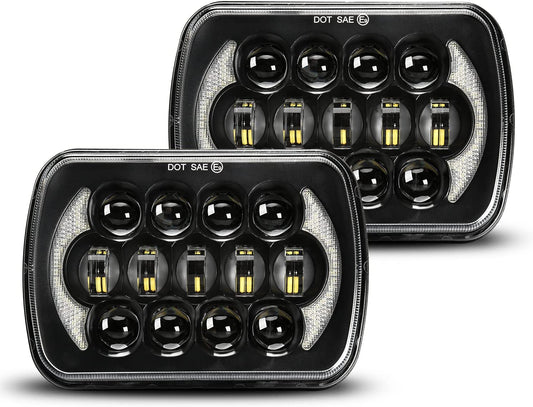 5x7 / 7x6 LED Headlights with Halo DRL – Jeep Wrangler YJ, Cherokee XJ & More, Pair