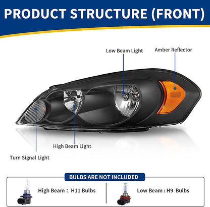 Autosaver88 Headlight Assembly Compatible With 2006-2013 Chevy Impala 06 07 Monte Carlo Replacement Headlamp Black Housing Amber Reflector Clear Lens A Oe