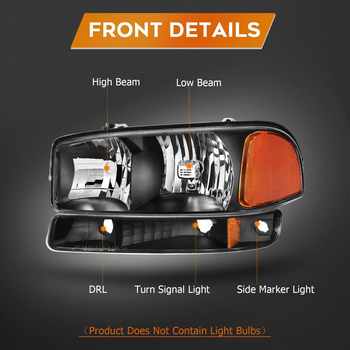 1999-2006 GMC Sierra & Yukon Headlights – Black Housing, Amber Reflector, Pair