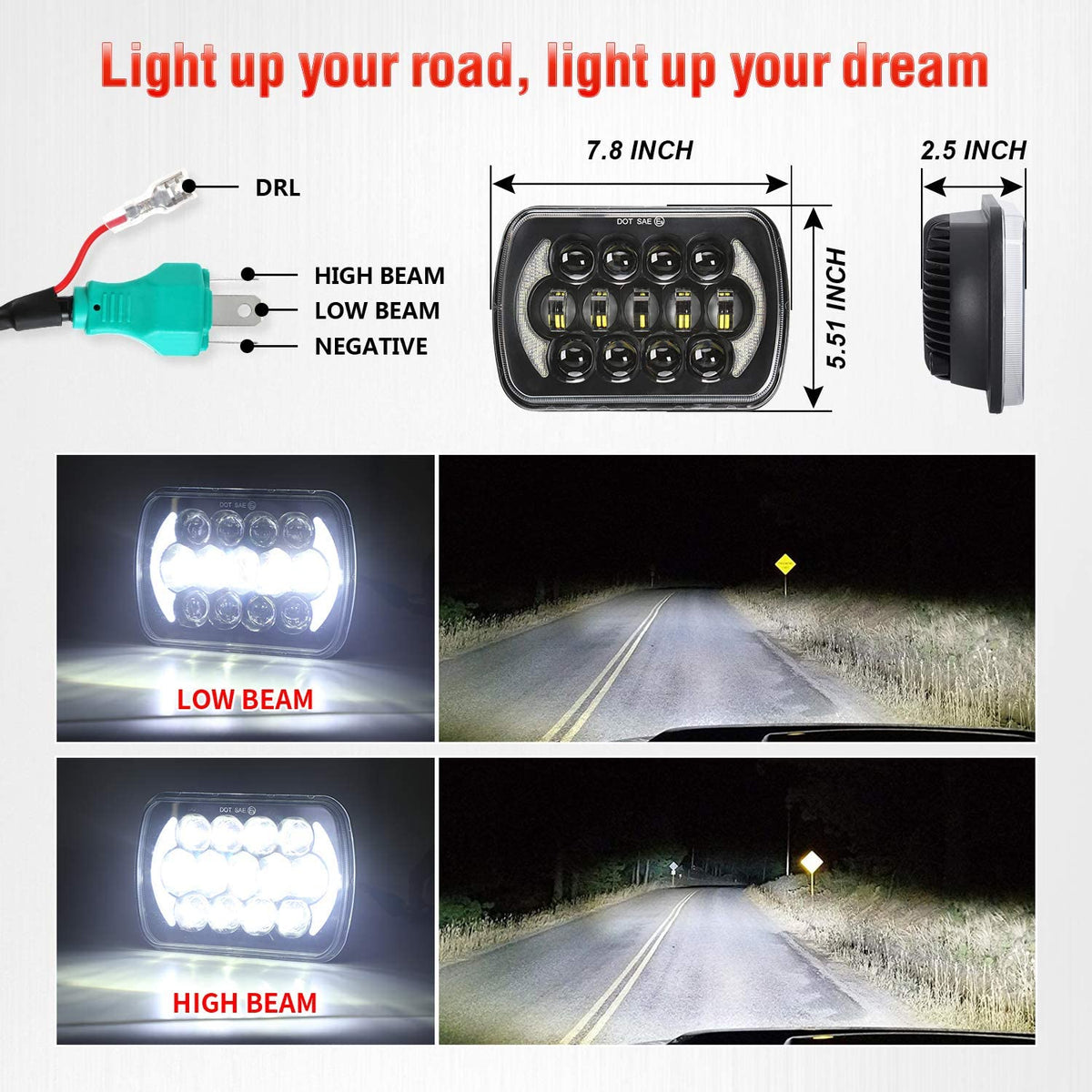 5x7 / 7x6 LED Headlights with Halo DRL – Jeep Wrangler YJ, Cherokee XJ & More, Pair