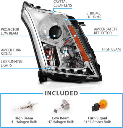 Amerilite Chrome Projector Replacement Headlights LED Boards For 2010-2016 Cadillac Srx Version Only Passenger And Driver Side