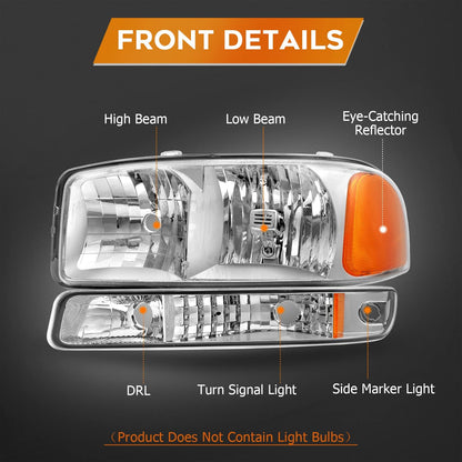 Lbrst Headlight Assembly For Gmc Sierra 1500 1999-2006 Classic 2007 Chrome Housing Amber Reflector Clear Lens Driver And Passenger Side Headlamp