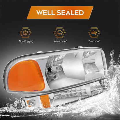 Lbrst Headlight Assembly For Gmc Sierra 1500 1999-2006 Classic 2007 Chrome Housing Amber Reflector Clear Lens Driver And Passenger Side Headlamp