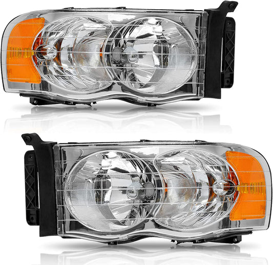 Headlights Assembly For 2002-2005 Dodge Ram Pickup Headlight Replacement Driving Light Chrome Housing Red Reflector Clear Lens