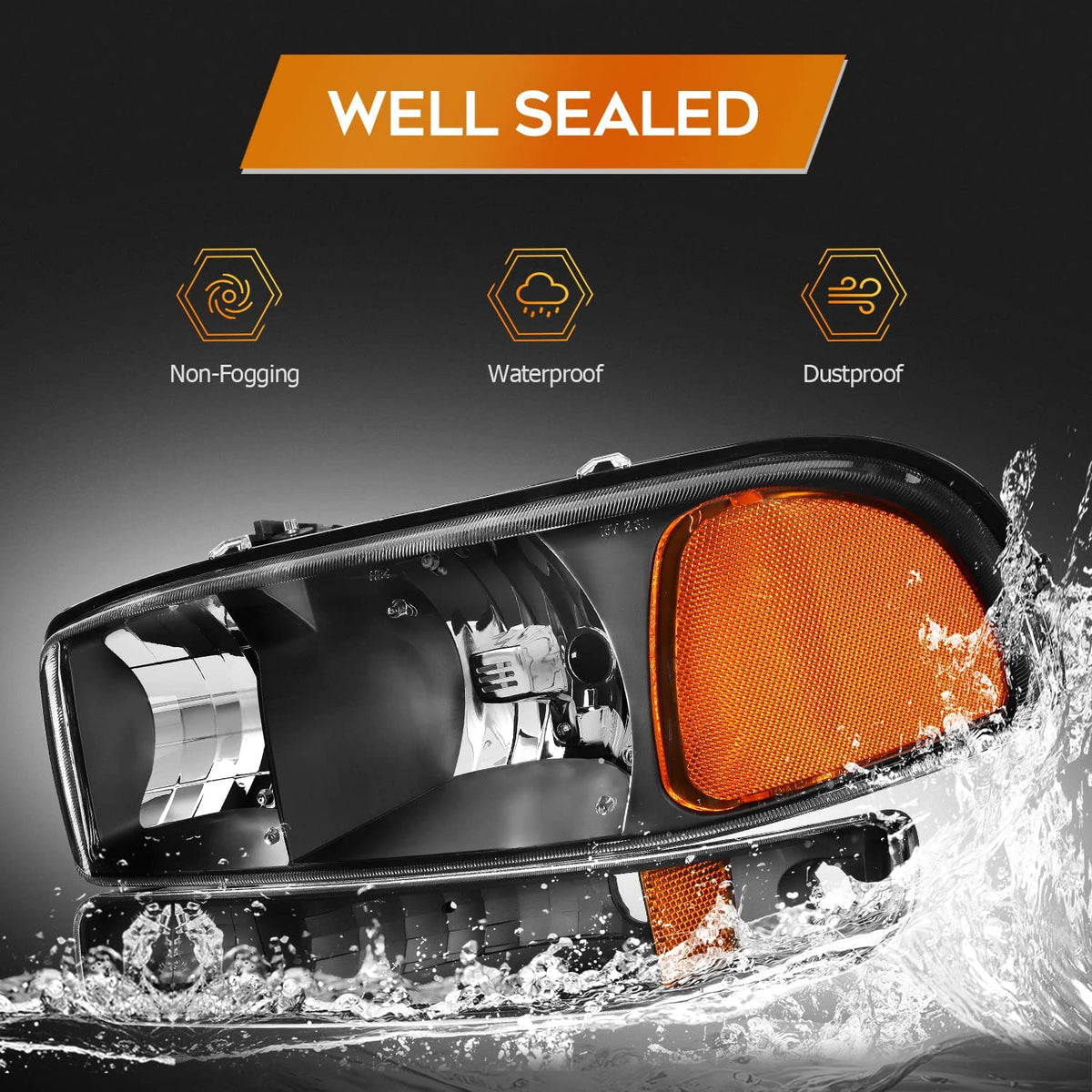 1999-2006 GMC Sierra & Yukon Headlights – Black Housing, Amber Reflector, Pair