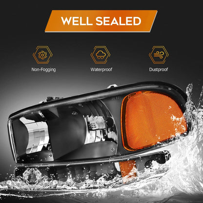 1999-2006 GMC Sierra & Yukon Headlights – Black Housing, Amber Reflector, Pair