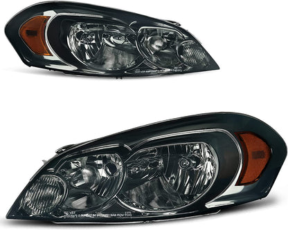 Autosaver88 Headlight Assembly Compatible With 2006-2013 Chevy Impala 06 07 Monte Carlo Replacement Headlamp Driving Light Chrome Housing Amber Reflector Clear Lens 25958359 25958360 A Black Smoke Oe