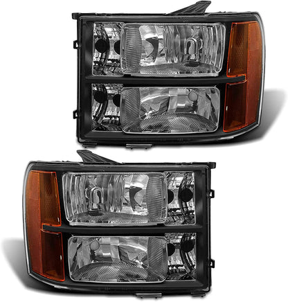 2007-2014 Sierra Headlight Assembly Compatible with 2007-2014 GMC Sierra 1500 / 07-14 GMC Sierra 2500HD 3500HD Chrome Housing with Amber Reflector Replacement Left and Right