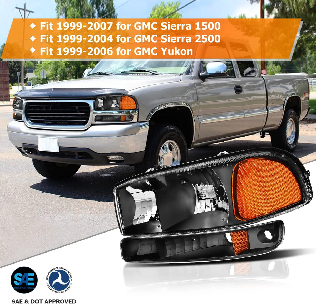 1999-2006 GMC Sierra & Yukon Headlights – Black Housing, Amber Reflector, Pair