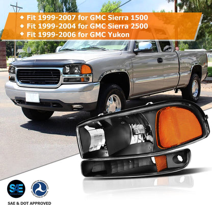 1999-2006 GMC Sierra & Yukon Headlights – Black Housing, Amber Reflector, Pair