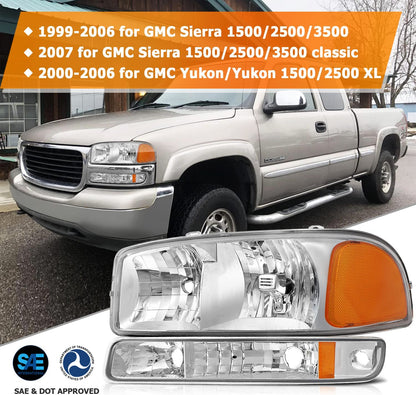 Lbrst Headlight Assembly For Gmc Sierra 1500 1999-2006 Classic 2007 Chrome Housing Amber Reflector Clear Lens Driver And Passenger Side Headlamp