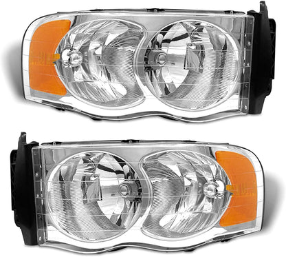 2002-2005 Dodge Ram Headlight Assembly For 1500 2500 3500 2003-2005 Clear Chrome Lens With Amber Reflector Replacement Left Right
