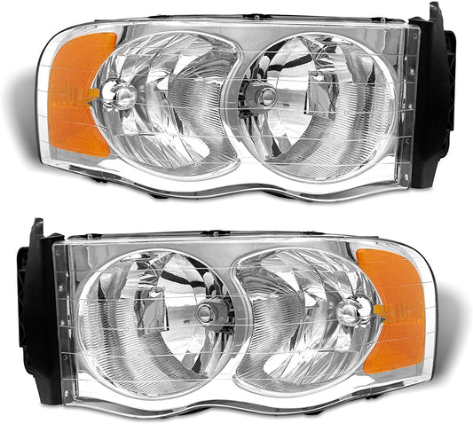 2002-2005 Dodge Ram Headlight Assembly For 1500 2500 3500 2003-2005 Clear Chrome Lens With Amber Reflector Replacement Left Right