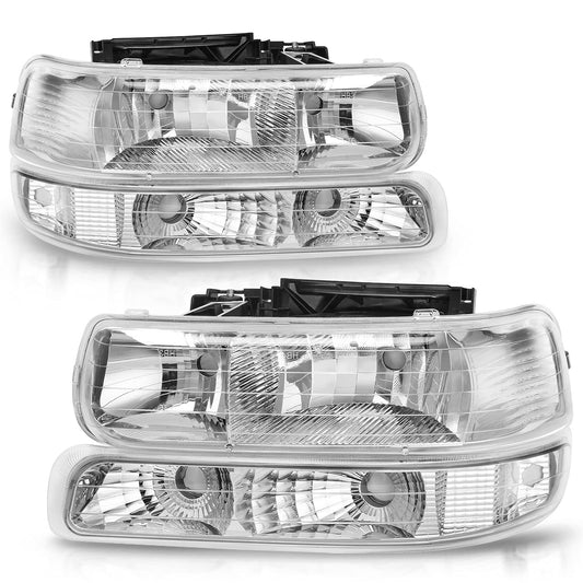 Autosaver88 Headlight Assembly Compatible With 1999-2002 Chevy Silverado 2000-2006 Tahoe Suburban Headlamp Bumper Lights Black Housing Reflector Chrome