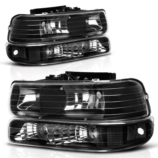 1999-2002 Chevrolet Silverado / 2000-2006 Tahoe & Suburban Headlight & Bumper Light Set – Black Housing, Clear Lens