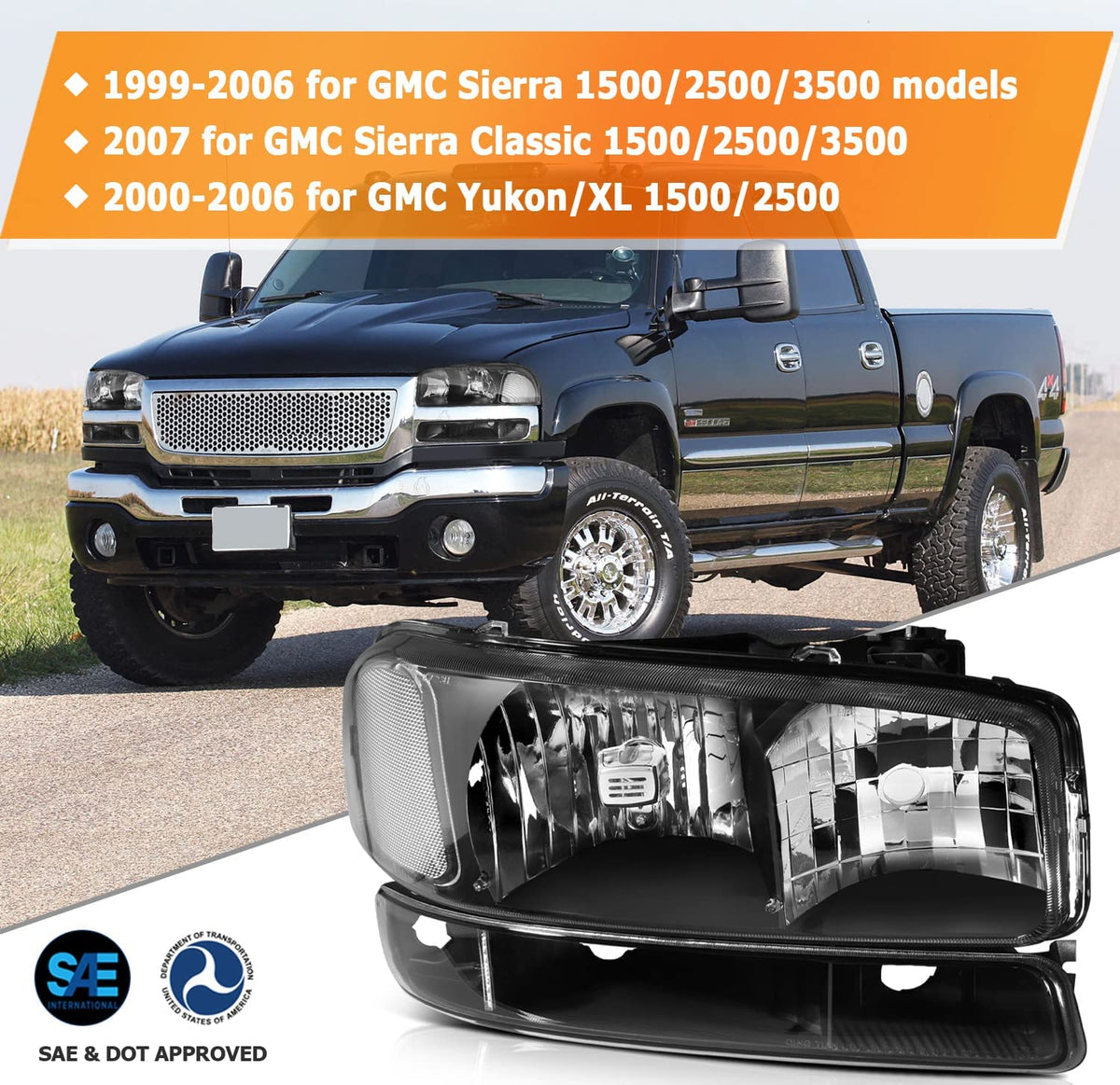 1999–2006 GMC Sierra 1500 / 2007 Classic Headlights – Black Housing, Clear Lens