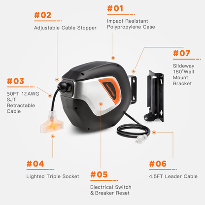 Retractable Extension Cord Reel-12/14/16 AWG